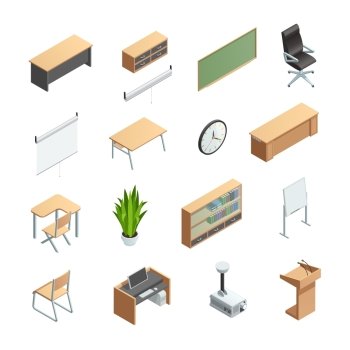 Classroom Interior Elements Icons Set. Isometric icons set of different classroom interior elements like furnitures equipments and other isolated vector illustration