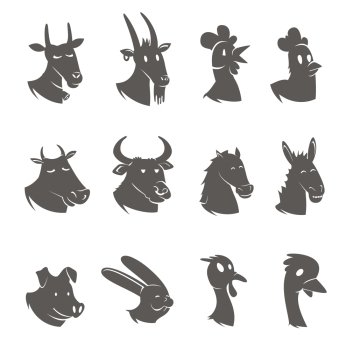 Farm Animals Heads Black Icons Set . Farm male and animals heads black icons set with rooster hen mare stallion abstract isolated vector illustration 