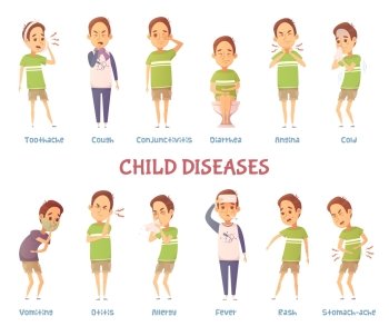 Child Diseases Characters Set. Set of isolated cartoon boy character suffering from different symptoms with text captions describing disease kind vector illustration