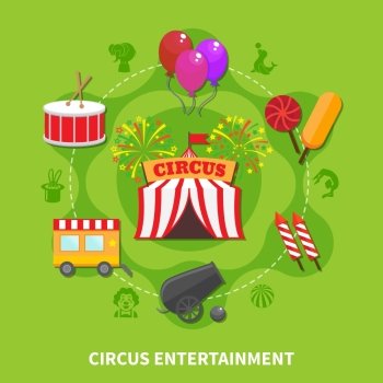 Circus entertainment concept. Circus concept with big tent and attractions isolated vector illustration