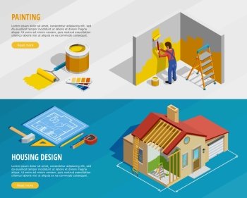 Home Renovation Isometric Horizontal Banners. Home renovation isometric horizontal banners with painter tools and house construction with its design isolated vector illustration 
