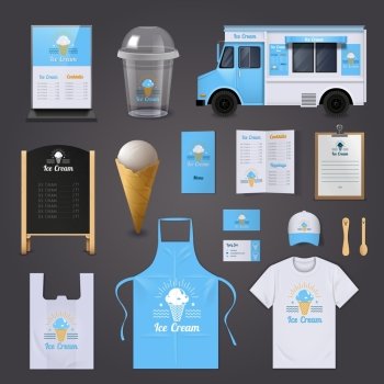 Ice Cream Corporate Identity Icons Set .  Ice cream corporate identity realistic icons set with apron menu and van isolated vector illustration 