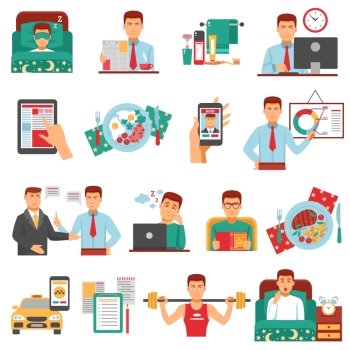 Man Daily Routine Icon Set. Man daily routine icon set with a busy man during the day dream sports food work for example vector illustration