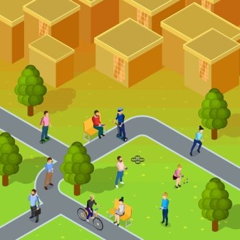 City Society Composition. City society composition depicting walking and working people in city near blocks of flats isometric vector illustration