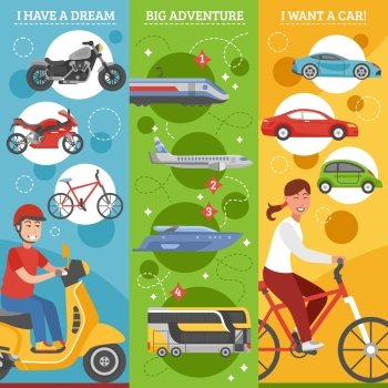 Transport Dreams Vertical Banners Set. Transport dreams vertical banners set with people big journey and changing of vehicles isolated vector illustration