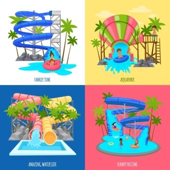 Aquapark Design Concept. Aquapark design concept with water slides tubes pools for amusement of children and family isolated vector illustration