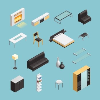 Home Interior Objects Isometric Icons Set . Home interior objects with coffee table and king size bed isometric icons set abstract isolated vector illustration