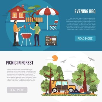 Barbecue And Picnic Banners. Barbecue banners with picnic in forest and evening bbq party at country house background flat vector illustration
