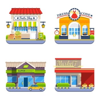 Shop Flat Colorful Icons Collection. Shop flat colorful icons collection of small shop supermarket mini market and clothes store isolated vector illustration
