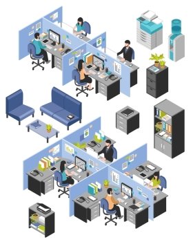 Cubicle Office Workplaces Set. Isolated isometric cubicle office workplaces set with desktop tables shelves and workers images on blank background vector illustration