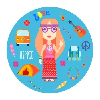 Hippie Character Accessories Flat Round Illustration. Girl hippie character with red hair guitar and backpack accessories flat round blue background abstract vector illustration