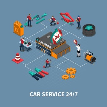Car Service Center Isometric Flowchart Composition . Car service maintenance and repair service isometric flowchart  with auto mechanics testing and fixing vehicles vector illustration 
