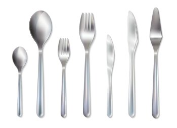 Cutlery Reception Dinner Set Realistic Image. Reception dinner cutlery set with spoons knives and forks for main dish and dessert realistic vector illustration 