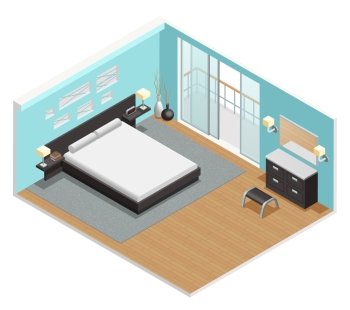 Bedroom Interior Isometric View Poster . Bedroom interior isometric view  with king size bed nightstand  carpet and balcony sliding doors  abstract vector illustration 