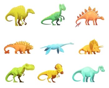 Dinosaurus Retro Cartoon Characters Icons Collection. Funny retro style dinosaurus cartoon characters figures of largest prehistoric animals collection abstract isolated vector illustration 