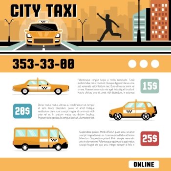City Taxi Services Web Page Template. City taxi online services web page template with cost of the trip car types and telephone information flat vector illustration