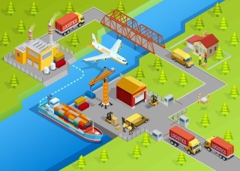Logistic Delivery Template. Logistic delivery template with shipping air transport trucks sea freight production and warehouse vector illustration