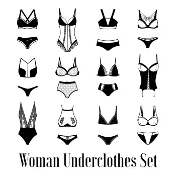 Woman Underclothes Images Set. Flat images set of different woman underclothes from bikini to corset black and white isolated vector illustration