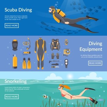 Diving And Snorkeling Horizontal Banners. Diving and snorkeling advertising horizontal banners with diving equipment presentation and people figures with aqualung snorkel and flippers flat vector illustration
