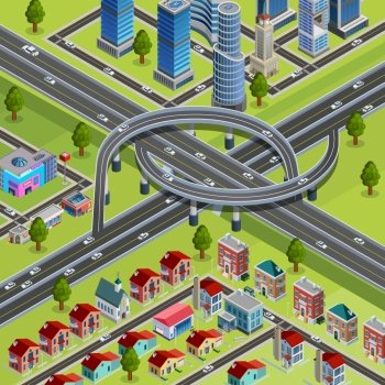 City Roads Junction Interchange Isometric Poster . Multilevel roads interchange city infrastructure element connecting business and residential areas isometric constructor poster abstract vector illustration 