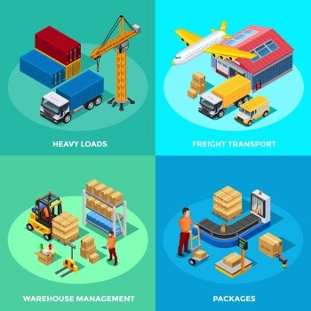 Warehouse Isometric 2x2 Icons Set. Warehouse isometric 2x2 icons set with delivery transport and process of packaging isolated vector illustration