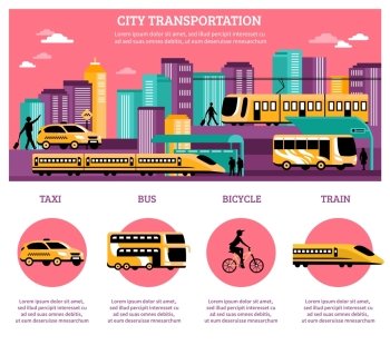 City Transportation Infographics Layout. City transportation infographics layout with statistic information about different kinds of   transport so as taxi bus train and bicycle flat vector illustration  