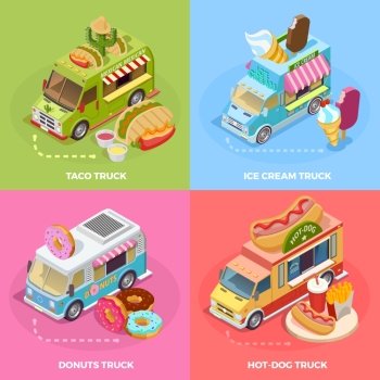 Food Truck 4 Isometric Icons Square. Street food trucks 4 isometric icons square banner with tacos ice cream and donuts isolated vector illustration 