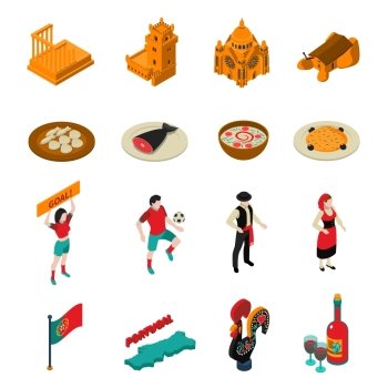  Portugal Icons Set . Touristic Portugal isometric icons set with football food and architecture symbols isolated vector illustration 