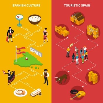 Spain Vertical Banners Set . Touristic Spain isometric vertical banners set with culture symbols isolated vector illustration 