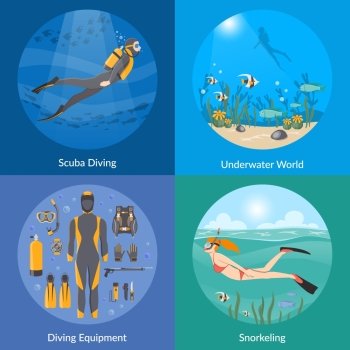 Diving And Snorkeling 2x2 Design Concept. Diving and snorkeling 2x2 design concept set with diving equipment divers in underwater environment and girl swimming in mask snorkel and fins flat vector illustration
