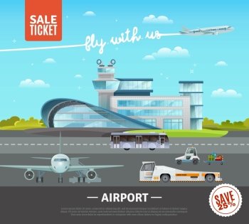 Airport Vector Illustration . Airport flat vector illustration of terminal building technical transport on airfield plane taking off and advertising of tickets sale  