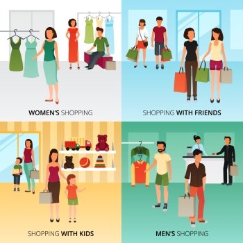 Shopping Concept Icons Set . Shopping concept icons set with women and men shopping symbols flat isolated vector illustration 