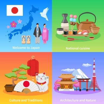 Japan Culture 4 Flat icons Square. Japanese culture traditions landmarks and national cuisine for travelers 4 flat icons composition poster isolated vector illustration 