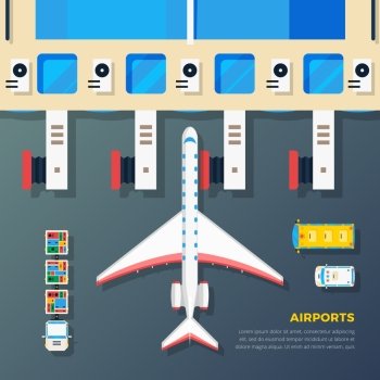 Airport Apron Plane At Jet Bridge . Airport apron planes airfield area with aircraft at jet bridge and ground srvice top view abstract vector illustration