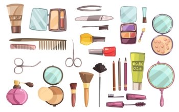 Top Cosmetics Set . Flat set of decorative cosmetics for makeup  tools for manicure perfume and brushes isolated vector illustration