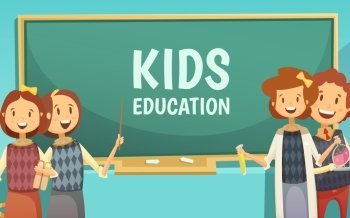 Kids Primary Education Cartoon Poster . Elementary and middle school kids education cartoon poster with happy children in classroom by chalkboard abstract vector illustration 