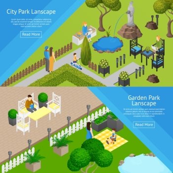 Garden Park Landscape Banners. Horizontal banners of public relaxation place city and garden parks landscapes isometric vector illustration