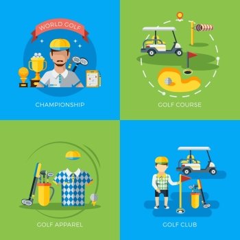 Golf 2x Flat Icons. World golf championship club course and apparel 2x2 flat icons isolated vector illustration