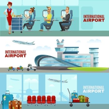 International Airport Horizontal Banners. International airport horizontal banners  with waiting room interior and stewardesses and passengers in aircraft cabin flat vector illustration 