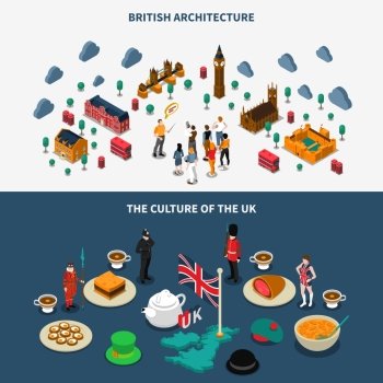  Great Britain Banners Set. Touristic Great Britain isometric horizontal banners set with culture symbols isolated vector illustration