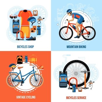 Biking 2x2 Design Concept . Biking 2x2 concept set of bicycle shop vintage cycling mountain biking and bicycles service design compositions vector illustration