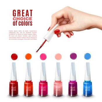 Best Nail Polish Colors Realistic Poster. Best choice of new tints nail polish colors with beautiful hand holding brush advertisement poster realistic vector illustration