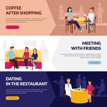 Restaurant Service For Visitors Flat Banners . Information on restaurant service 3 flat banners webpage design with coffee bar dating abstract isolated vector illustration 