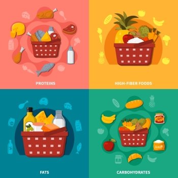 Healthy Food Supermarket Basket Composition . Supermarket food square composition with basket symbols meal icons proteins high fiber fats carbohydrates vector illustration