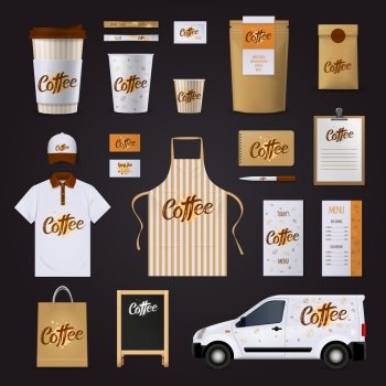 Coffee Corporate Identity Design Set. Flat coffee corporate identity design template set for cafe with uniform car glasses menu stationary isolated on black background vector illustration