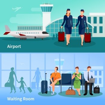 Airport People Flat Compositions. Airport flat compositions with people in waiting room and stewardesses on airfield at air terminal background vector illustration