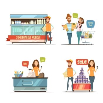 People in Supermarket Cartoon Icons Collection. Shopping in supermarket retro cartoon icons collection with grocery cart dairy racks and customers isolated vector illustration