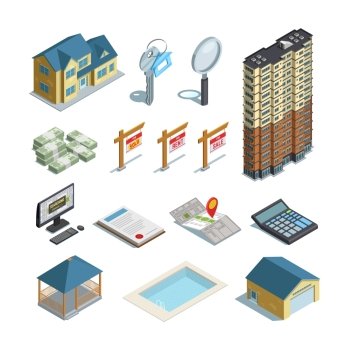 Real Estate Isometric Icons Collection . Real estate property land swimming pool and buildings for sale  isometric icons set abstract isolated vector illustration 
