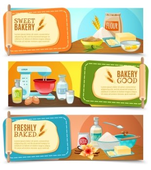 Baking Ingredients Horizontal Banners. Three colorful horizontal banners with baking ingredients and text fields flat isolated vector illustration