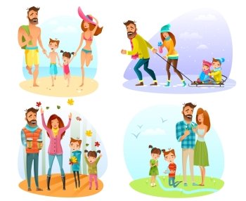Season Family Set. Happy family spending good time in different seasons isolated on white background cartoon vector illustration